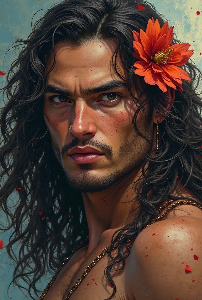 a close up of a man with long hair and a flower in his hair, fantasy male portrait, jereme momoa as tarzan, handsome guy in demon slayer art, tartakovsky, magali villeneuve', handsome prince of persia, inspired by Jorge Jacinto, in the art style of bowater...