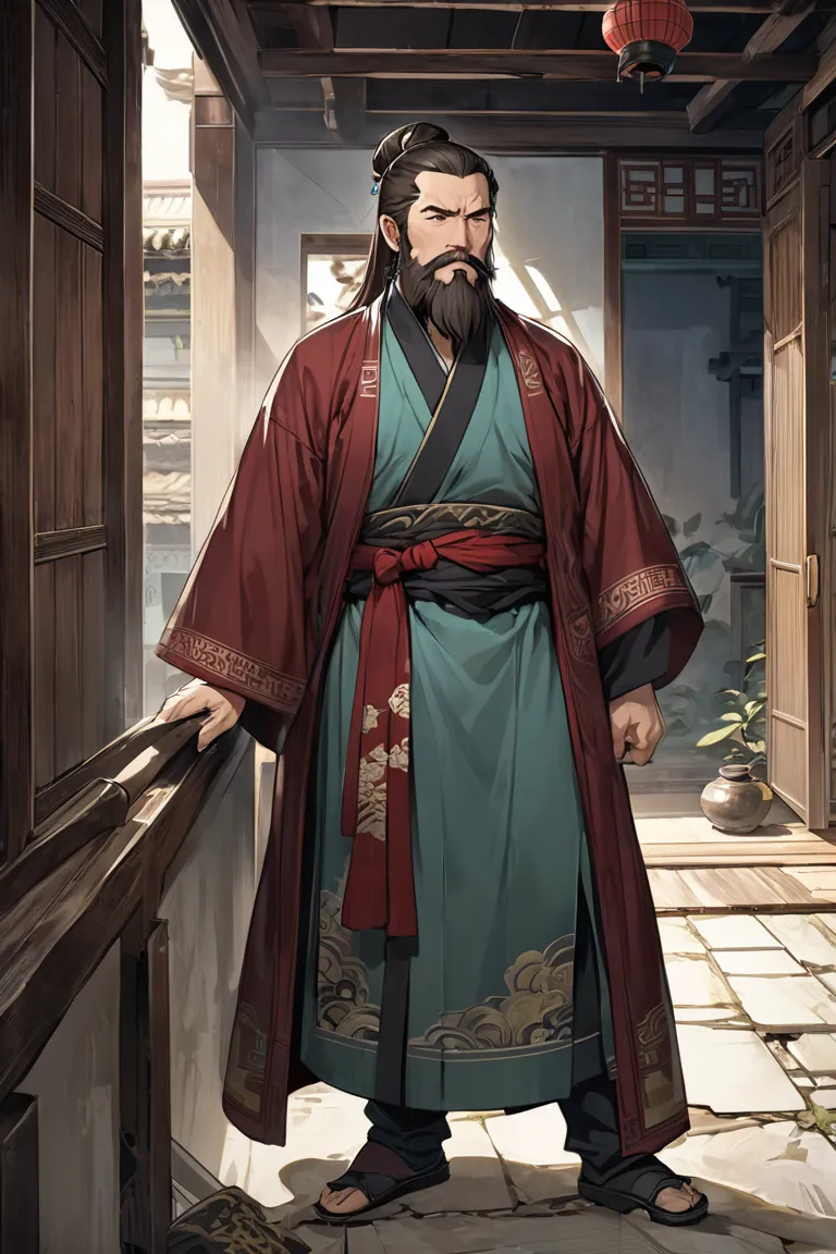 Father，A well-mannered and thin middle-aged person，Curse expression，is unscrupulous，arrogant，beard，brunette，ancient oriental costume，Inside a dilapidated ancient Chinese home building