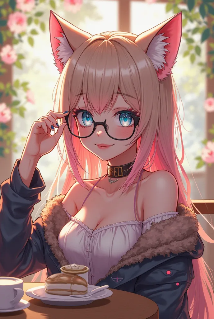 an anime cat streamer girl who has cream hair and pink highlights with a sexy smile who has a cute outfit for a cafe date. With blueish eyes that wears glasses