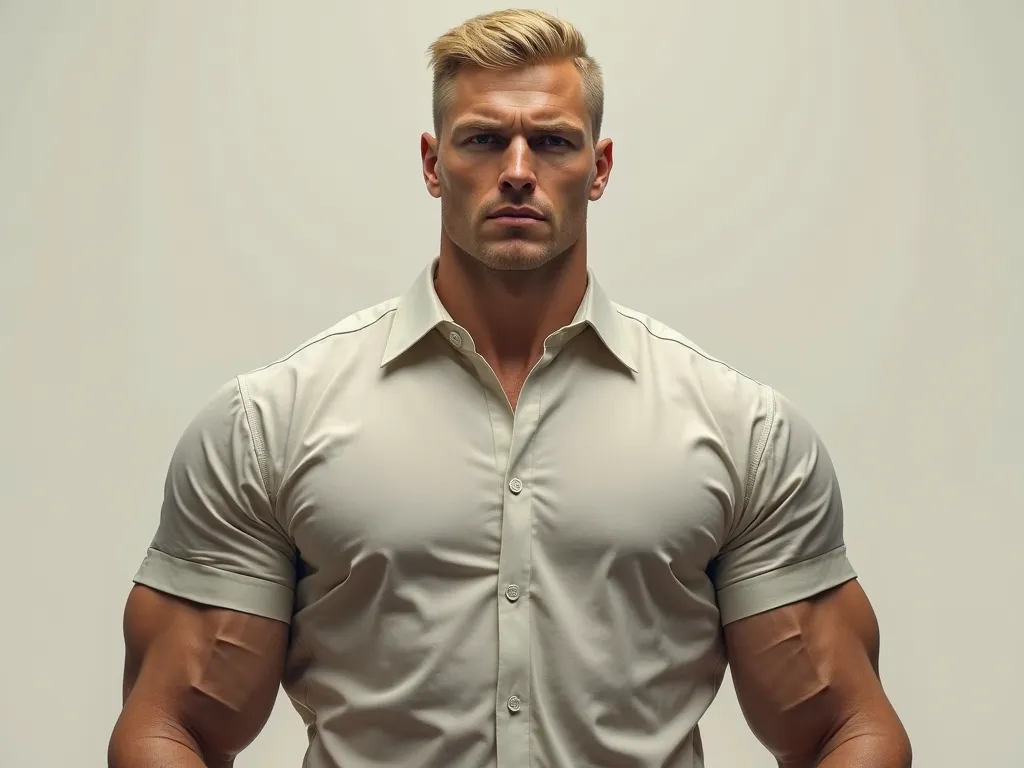 very tall blond man with a shirt and short hair