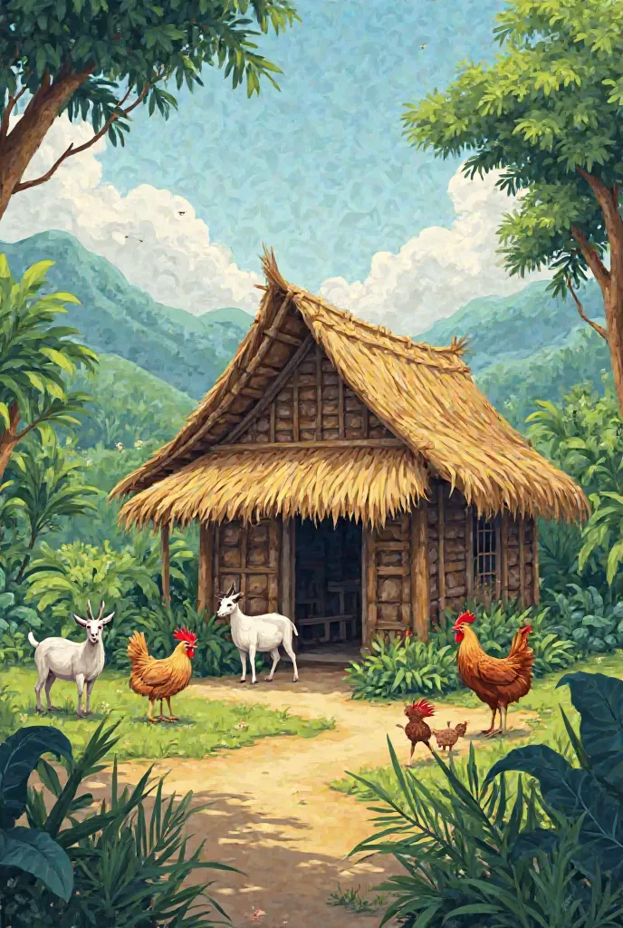 just make it as a drawing. It ia missing the 2 goats, deer and fowls (male and female). Make it more filipino like beside the little nippa house or porch