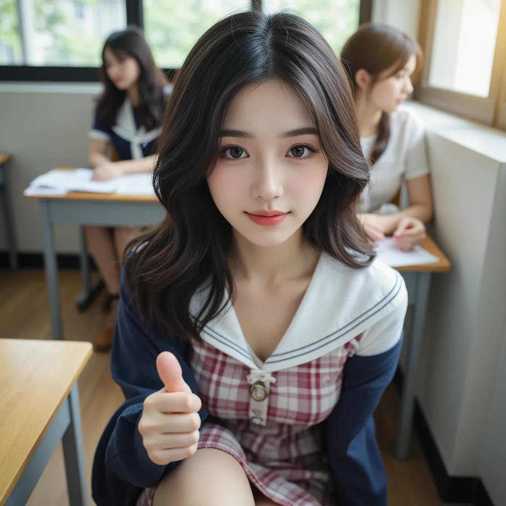 (realistic,photorealistic,photo-realistic 1.37),(multiple views,2 views:1.4),(1 view is wearing school uniform:1.4,another view is completely naked:1.7),a beautiful young school girl,japanese beautiful idol,beautiful face and eyes,white shirts,(red&brown p...