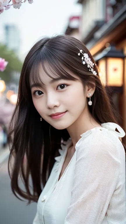 (、Wear a spring blouse、 I have long hair with whistles :1.5)、( with a modest smile 、 I'm wearing a hair ornament that looks like multiple small jewels on my head :1.5)、(a spring night with a blizzard of cherry blossoms、Street corners and spring festival li...