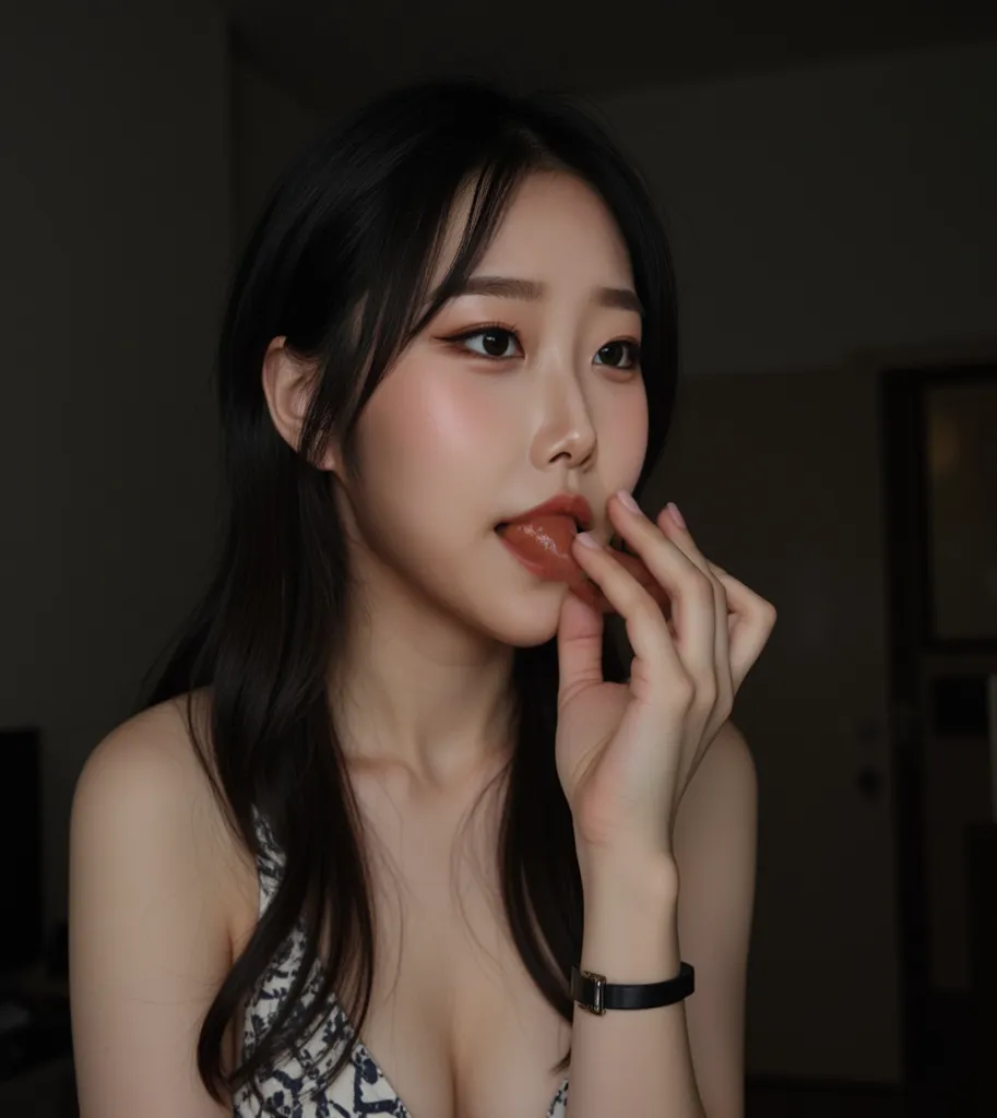 Close up amateur shot of a Instagram influencer. A Asian woman with patterned dress indoors, no makeup. She has long black hair that tied up, cute , she is slim and big breasts under her clothes, model body, her pale skin contrasting against the dark backg...