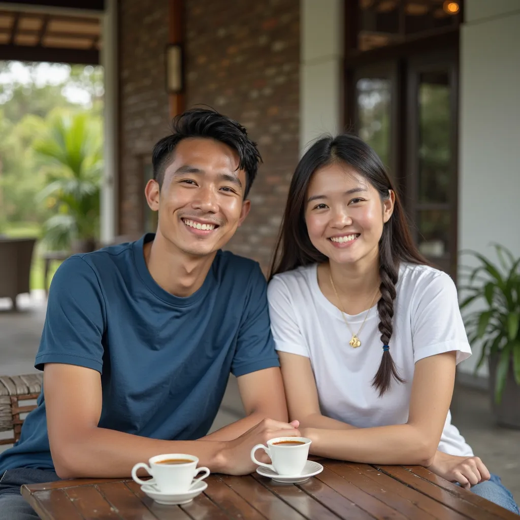 a handsome young indonesian man wearing a blue collared t-shirt with carvil sandals and a young beautiful woman is next to him wearing a short sleeved white t-shirt they are both sitting relaxed on the porch of the house, accompanied by two cups of hot tea...