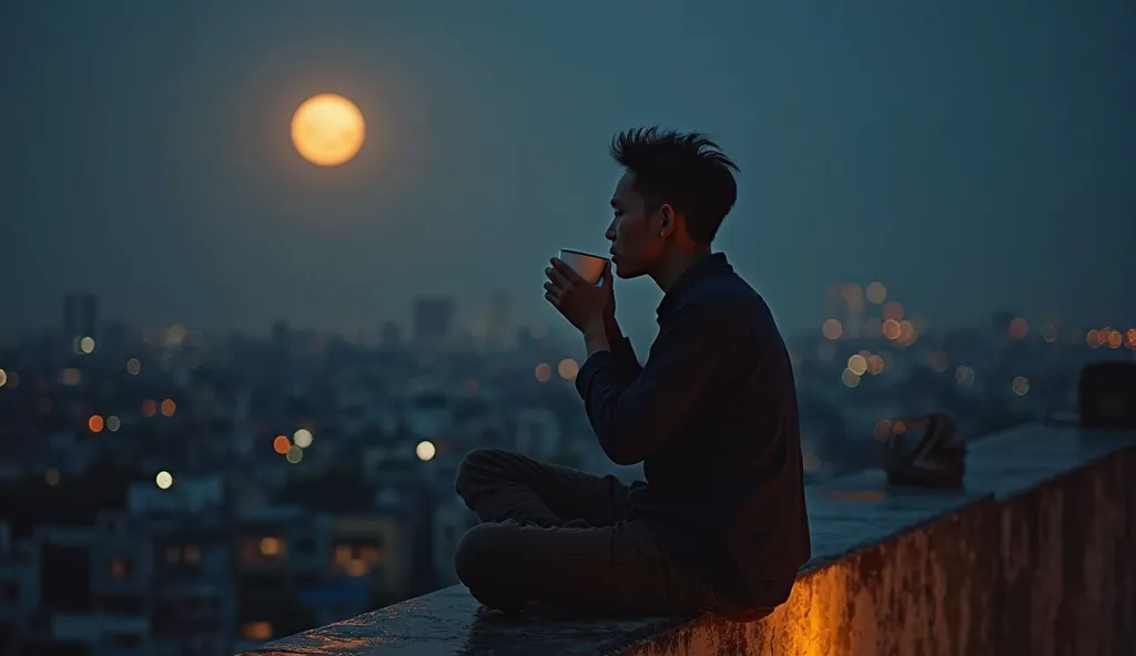 a person asia Indonesian drinking coffee on the roof at night, full moon in the background, detailed facial features, thoughtful expression, hands cupping mug, sitting on ledge, night sky, glowing moon, city skyline, warm lighting, cinematic composition, p...