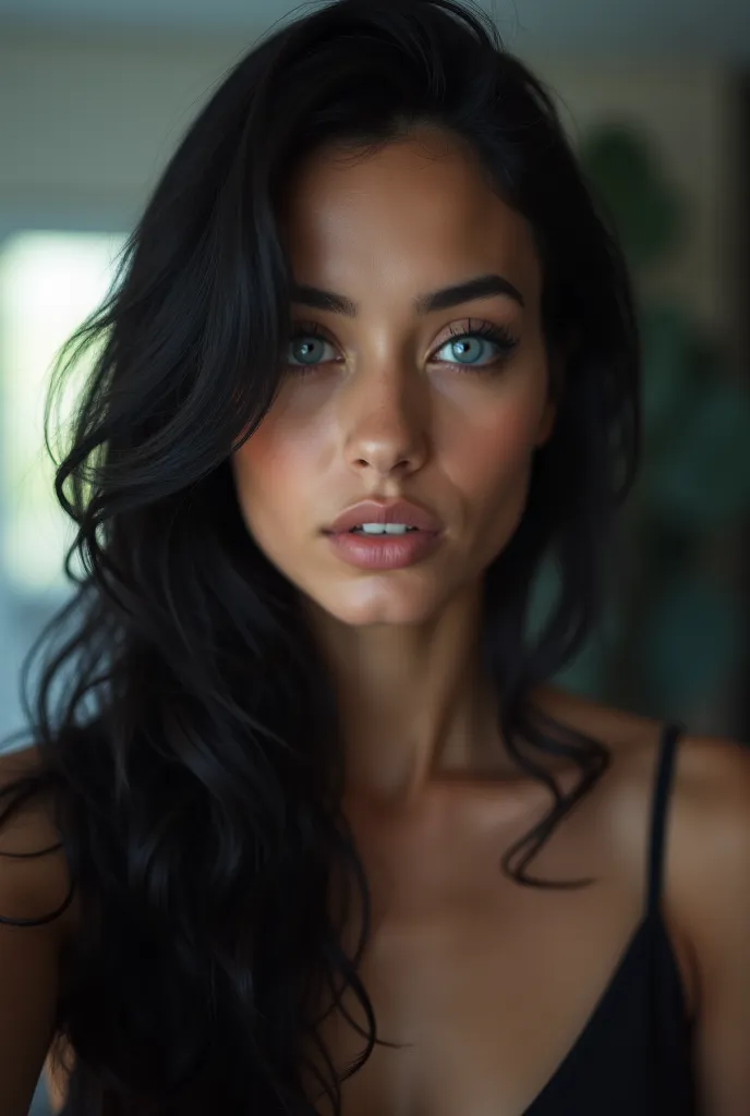 Create an image of this same model with blue eyes and black hair as if she were taking a self-style photo of herself from her iPhone 15 Pro Max for her social network profile 