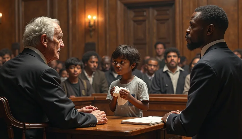 A powerful and emotional courtroom scene. A dignified, elderly judge with pale skin and gray hair sits behind a large wooden bench, looking stunned, his face drained of color. His hands tremble slightly as he holds a gavel. In the center of the room, a you...