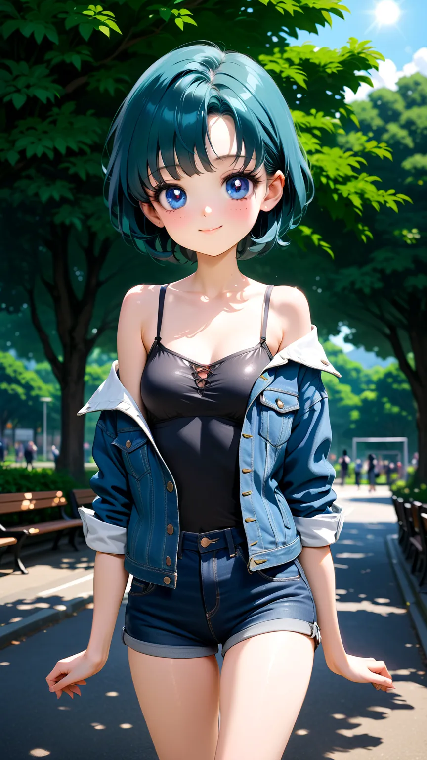 masterpiece, the best quality, very aesthetic, ultra detailed), intricate details, Mercurio , short hair, blue hair, blue eyes, Black spaghetti shirt,  denim jacket , neckline, shorts, small breasts, shiny skin,  smile,  posing full body , looking at the s...