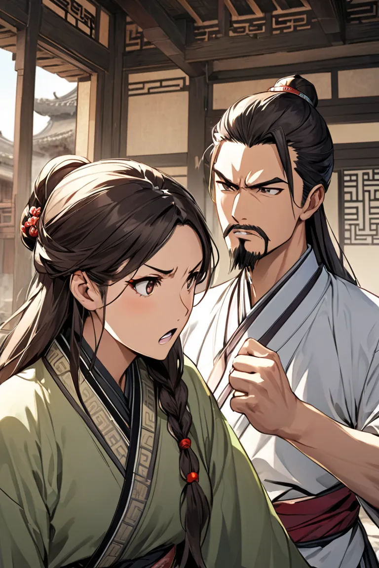 Thin, middle-aged students, and young people，The expression of scolding and anger，is unscrupulous，arrogant，goatee，brunette，ancient oriental costume，Inside a dilapidated ancient Chinese home building