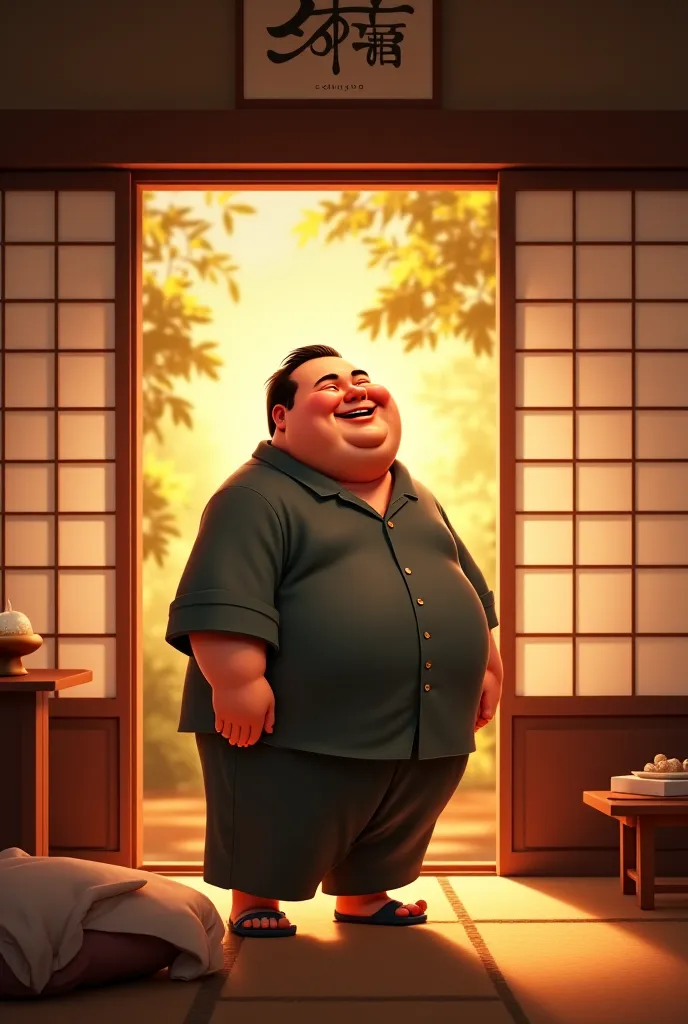 Non cartoon Realistic japenese Fat man get more happy by looking home interior