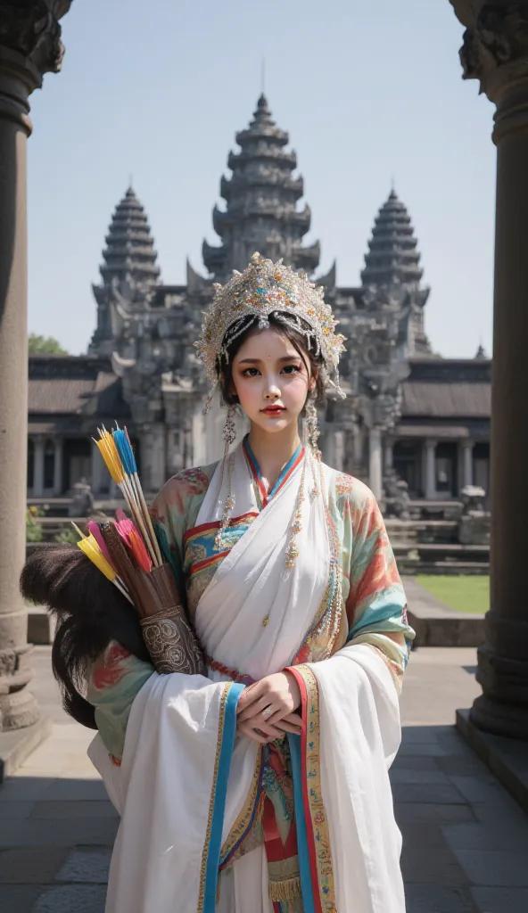 Draped in an intricately designed outfit that combines traditional patterns with vibrant embellishments, a woman stands poised in a  Prambanan temple. Her elegant headdress is adorned with vivid colors and delicate, shimmering ornaments that complement her...