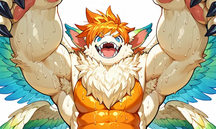 giant feral flammie_mana, solo, furred dragon, neck fur, orange hair, blue eye, orange underbelly, feathered Wings, color tipped wings, four wings, heavy weight giant bulky, thick arms, large claws, big armpit, evil grin, large fangs, open mouth, furred ar...