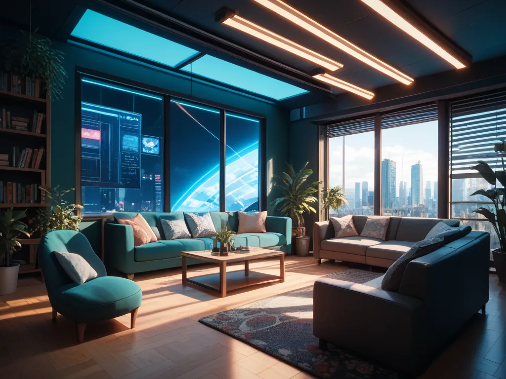 "Futuristic cozy cyberpunk living room, large floor-to-ceiling window with city view, stylish leather sofa, round wooden table, modern plants, soft ambient lighting, teal walls with neon accents, bookshelf, TV setup, warm and moody atmosphere, horizontal w...