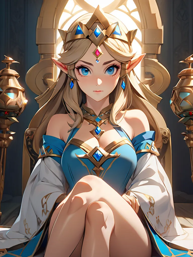 Queen Zelda from "Breath of the Wild" captured in a portrait photo, exudes mature elegance, feet bare revealing her refined legs, positioned artfully, 32k RAW ultra-high-definition capturing the minutiae of her expressive eyes, every facial detail exquisit...