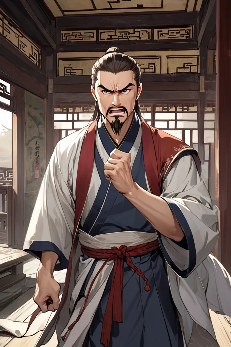 skinny scholar middle-aged man，scolding and angry expression，is unscrupulous，arrogant，goatee，brunette，ancient oriental costume，in a dilapidated ancient Chinese home building