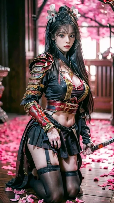  sexy female characters dressed as Sengoku warriors 、((toned body))、 toned body、 A sexy female character dressed as a warrior in the Sengoku period. 、 The cherry-colored armor with a cherry blossom pattern is a bikini style and is designed to highlight the...