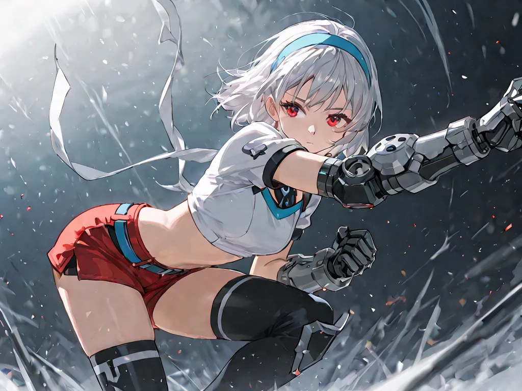 score_9, score_8_up , score_7_up , score_6_up , score_5_up , score_4_up , 4K, 8k, Lexa FEXL , 1girl , Alone, Silver short hair, red eye, white crop top, Short sleeve, Light Blue Headband, mechanical arm, red hot pants, black knee-high socks, face focus, ne...