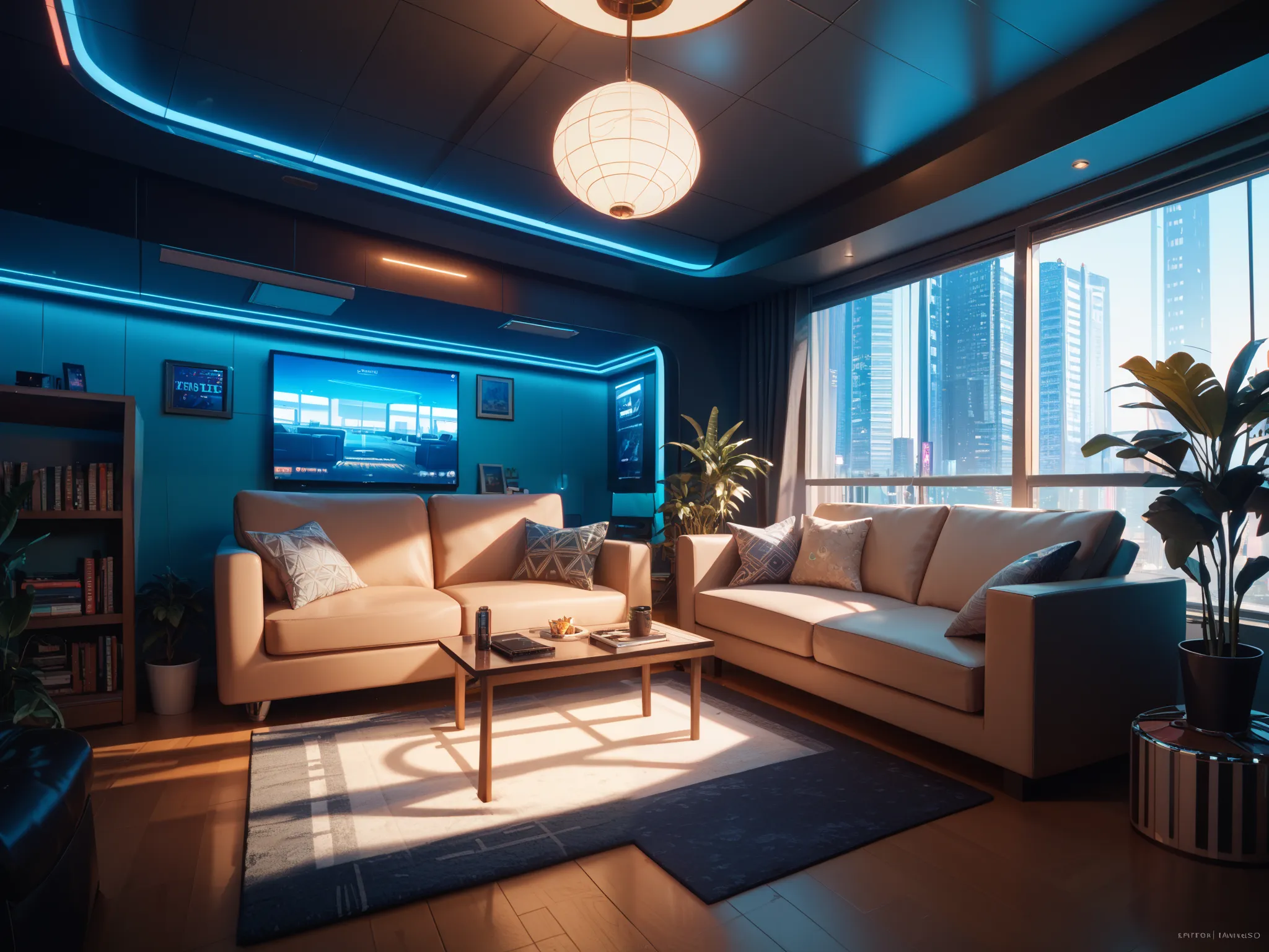 "Futuristic cozy cyberpunk living room, large floor-to-ceiling window with city view, stylish leather sofa, round wooden table, modern plants, soft ambient lighting, teal walls with neon accents, bookshelf, TV setup, warm and moody atmosphere, horizontal w...