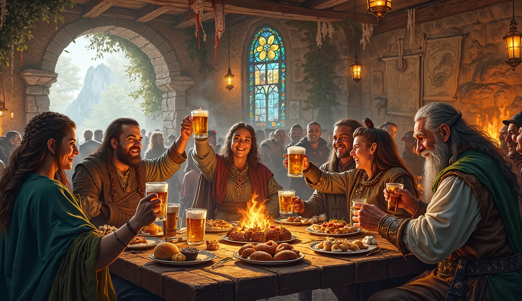 "A vibrant medieval fantasy tavern alive with celebration: elves, dwarves, humans, orcs, and hobbits—men and women alike—feast and sing together under the warm glow of hanging lanterns and a roaring stone hearth. Elves in flowing silken tunics clink crysta...