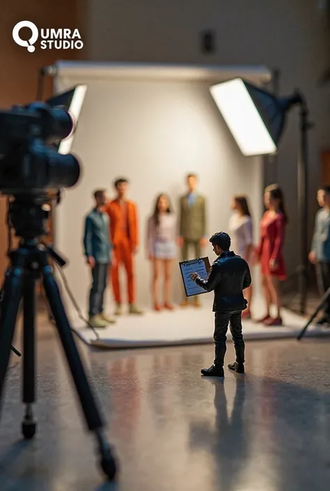 Tiny figure acting as a photographer directing a photoshoot. The tiny figure is holding a professional camera, guiding other tiny models in front of the backdrop. The models are posing in different styles while the figure uses a clipboard to manage the ses...