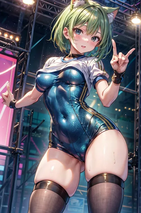 (gym uniform), ( bloomers), break, short hair, ((Green Hair 1.5)), (Cat ears green), bob cut the blue cloth, (((4 defined fingers))), ((( One Defined Thumb ))), (viewers), break, sexy, ((Alone)), (cute girls), ((top quality)), ((masterpiece)), ( are famili...