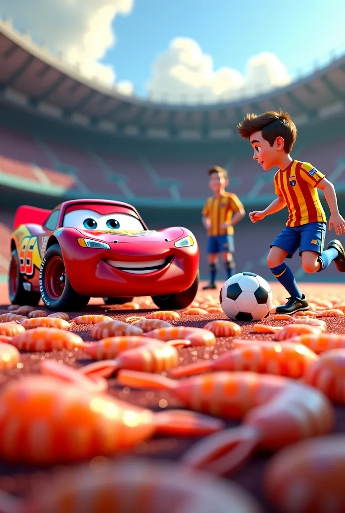 Lightning McQueen playing soccer with Messi on a court made of shrimp while Pele is watching in detail 