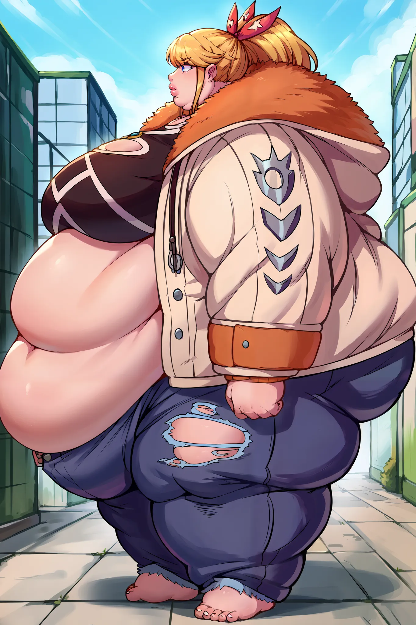 phyllo, long_hair, blonde_hair, ponytail, blue_eyes, ribbon, hair_ribbon, sidelocks, jacket, fur_trim, denim, breasts, long_sleeves, torn_clothes, shirt, outside, giant hands, giant feet, fat, chubby, obese, gigantic arms and legs, gigantic breasts, saggin...