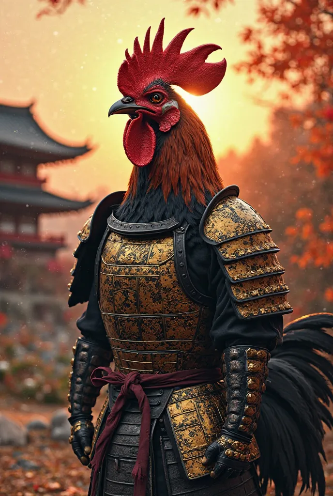 A samurai rooster is armor arbor of black and gold shining in the sunset in the background a tradicional japanese house from Edo period