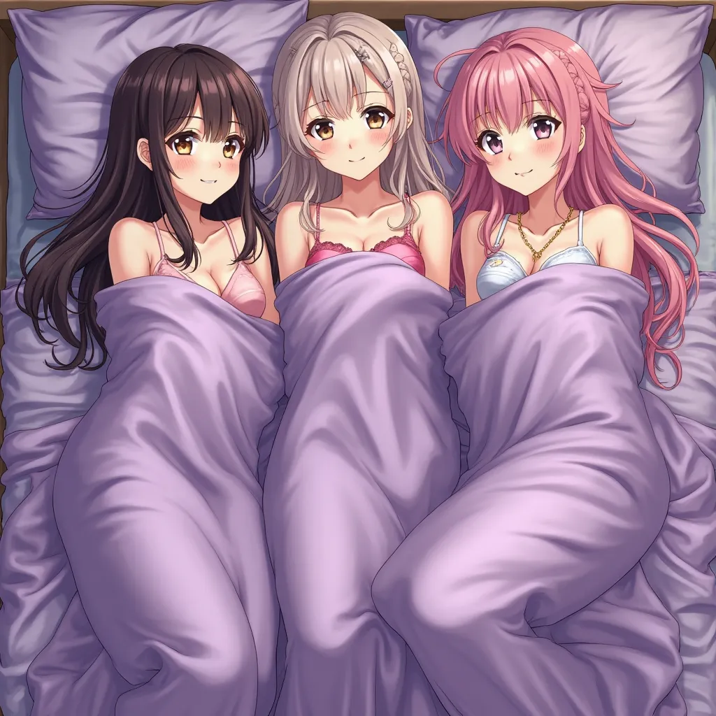 Trio Hot anime girl,  lies on the Purple bed in a sexy position ,  completely covered by a purple blanket ,  their head and body under a warm blanket,  long hair stick out of the blanket , soft bed , Underwear,full length photo from above,  3 girl, 