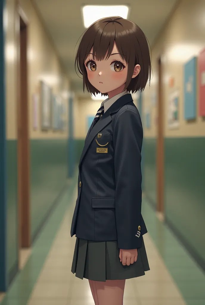 A brown-eyed South Korean girl with short brown hair in a school uniform ...