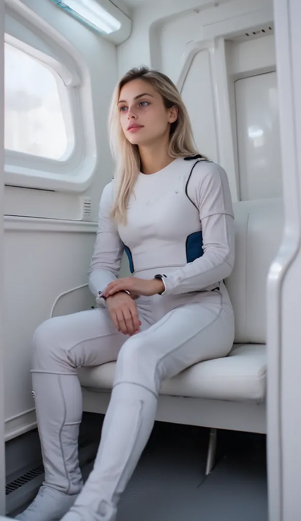 a woman sara sitting in bench in white starship wearing a tight FCSPAC3SUIT, "Spacesuit from First Contact" with navy blue details