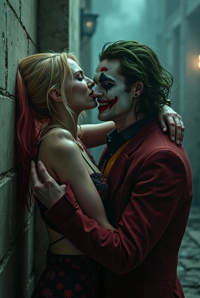 Cinematic image of Harley Quinn with colored hair and the Joker the two are having sex standing up . Harley Quinn is leaning against the wall and Joker is hugging her from behind he is pulling her hair. Harley Quinn has an expression of pleasure 