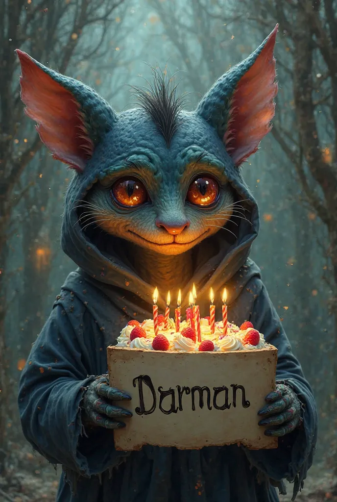 Create a half-dark but tender creature that has a birthday cake and a sign that says Darman