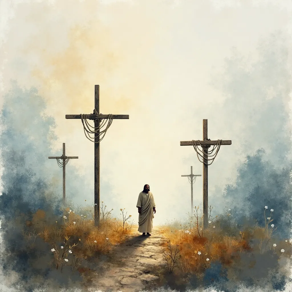 landscape that reflects the Passion, Death and Resurrection of Jesus, Only 3 crosses appear together, And show Jesus, minimalist, watercolor