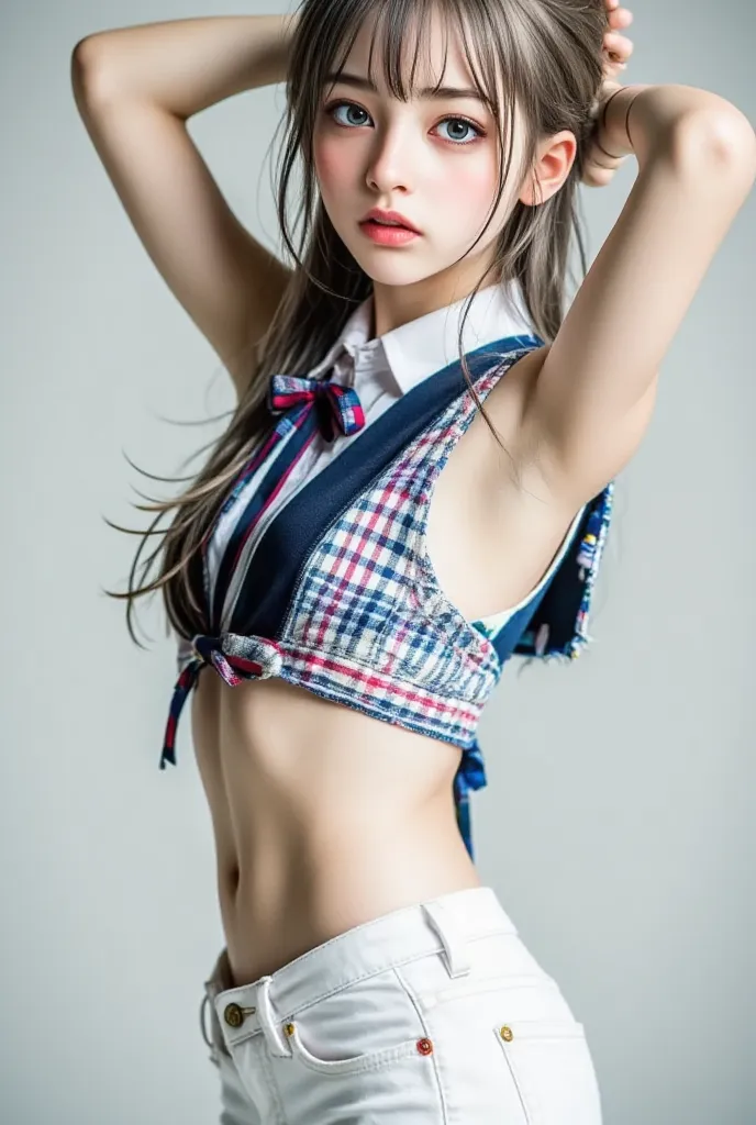  A white-skinned Japanese belly dancer is wearing glasses 、 she is dancing by raising her hands above her head and waving her hips.,  wearing an open school uniform and white jeans , Her whole body is facing the camera 、She is looking straight into the cam...