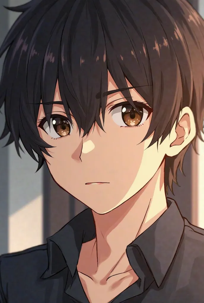 A anime man whose cheeks are a bit hollow,an average-sized forehead, not too big but not too small,thin lips, and a sharp nose. Eyes are dark brown, with a deep black gaze and got a bit of a five o'clock shadow going on. Eyelashes are long but sparse.