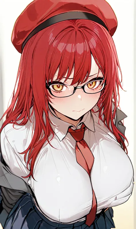  Solo, girl, needy, glasses with spirals anime,glasses,, school outfit, cardinal,long hair,Big saggy breast,,hd, score 9, másterpiece,, bangss, mechón de pelo, ,details, hd,8k, perfect, absurd, magnific.red tie, skirt