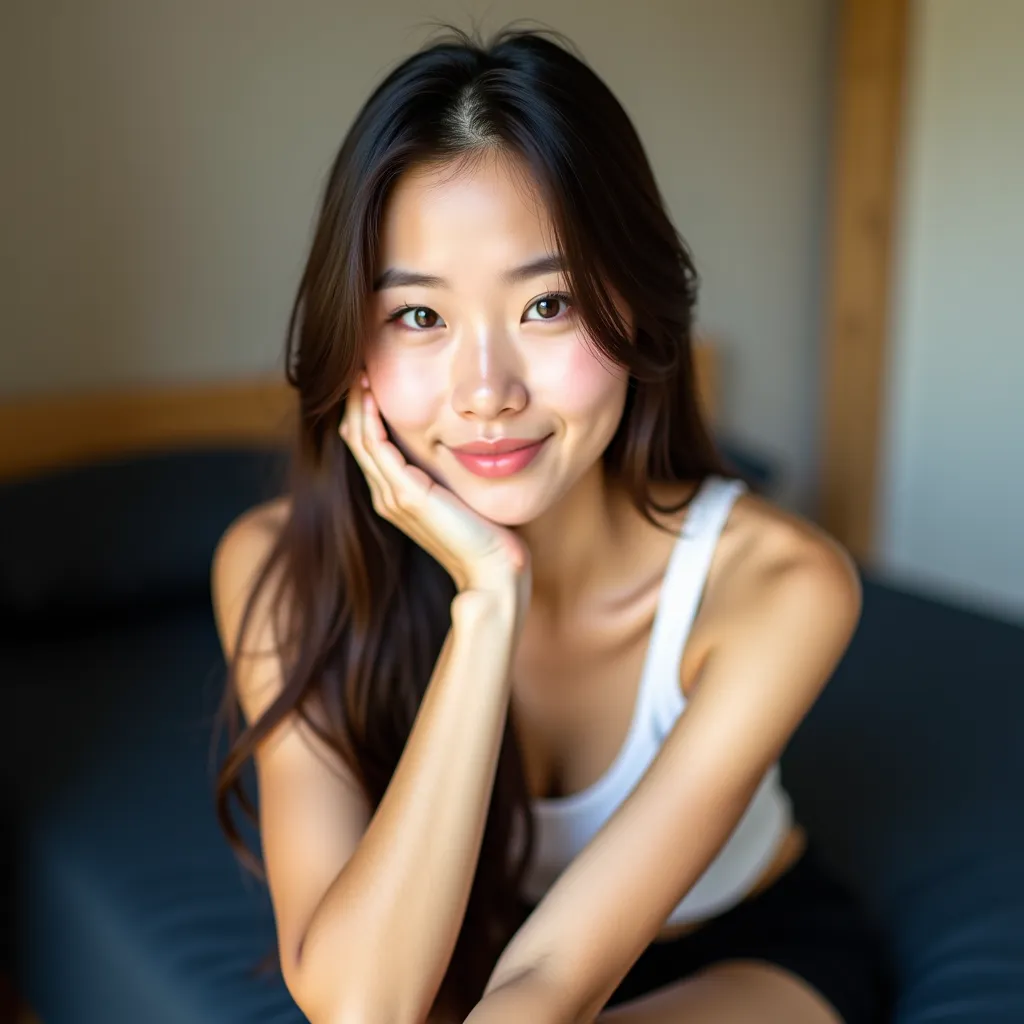 Photo of a beautiful Asian woman with long straight brown hair that matches her sweet face. Fair skin, slender figure. She has a round face, big dark eyes, full lips. She wears a white tank top and black jogging shorts. She sits cross-legged on the edge of...