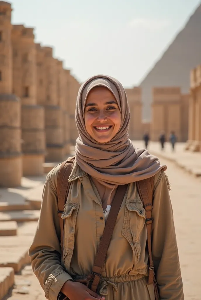 A Muslim guide wearing a hijab and a tourist guide are required to have a picture of her wearing a hijab with white skin. A beautiful smile is doing some historical information about some ancient Egyptian monuments in the ancient pyramids area and Paul Hol...