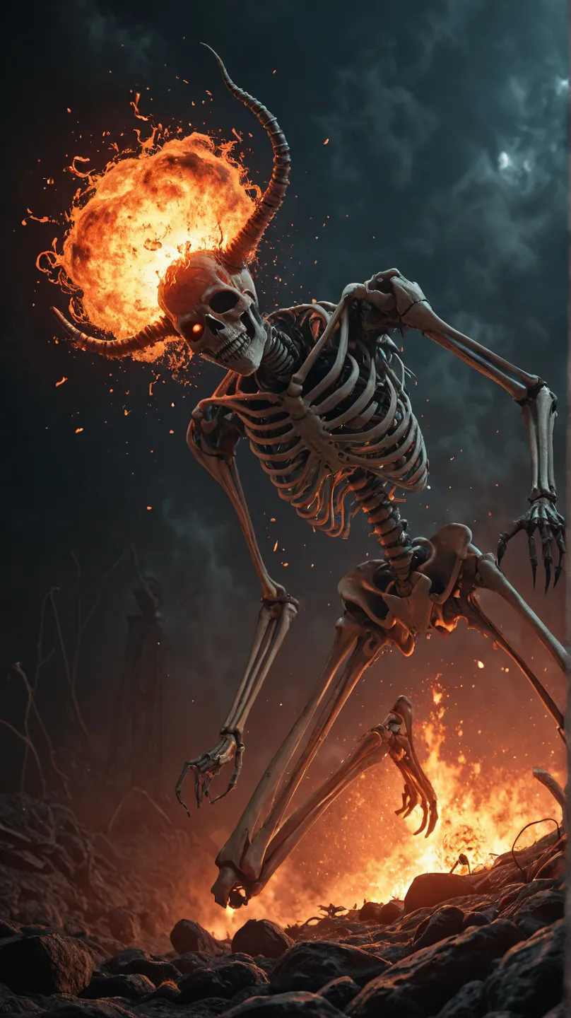 A combination of a skeleton, a fire heart and a relatively visible fire brain, science fiction and a surreal identity, making it seem like an object beyond the limits of ordinary existence, perhaps representing a supernatural force or a cosmic evil that de...