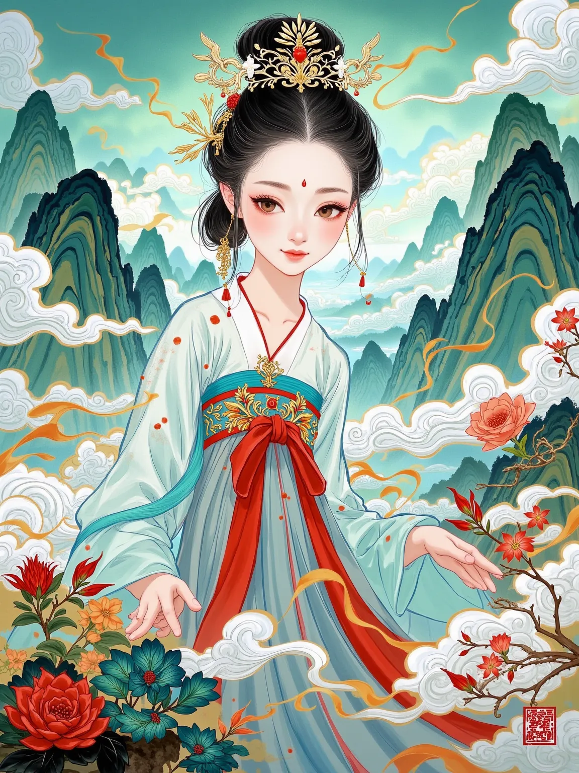 Gongbi heavy color creation，Hanfu girl wears a dot inlaid in Bao Huasheng，The red dragon scales show the texture of the Ge kiln opening，The background Taihu stone and the sea of clouds form a deep perspective，Using boneless painting combined with the effec...