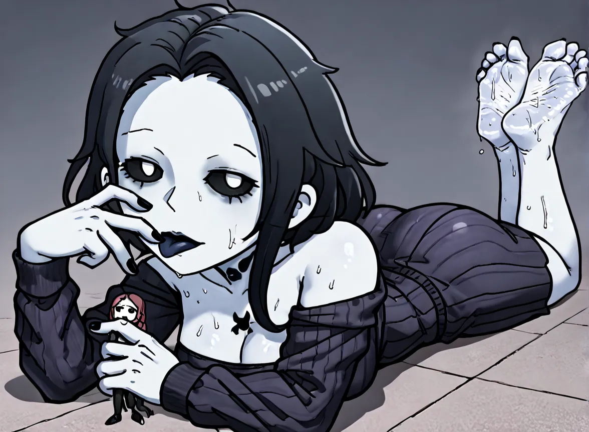 A zombie woman, pale skin, grayish skin, Shiny Black Nails  , white eyes,  Simple background   , Lying on the floor, hand on tongue, sticking out the tongue,  black lips,  micro ,  bare feet,    long black nails   , full body stand pattern, sweaty body,  f...