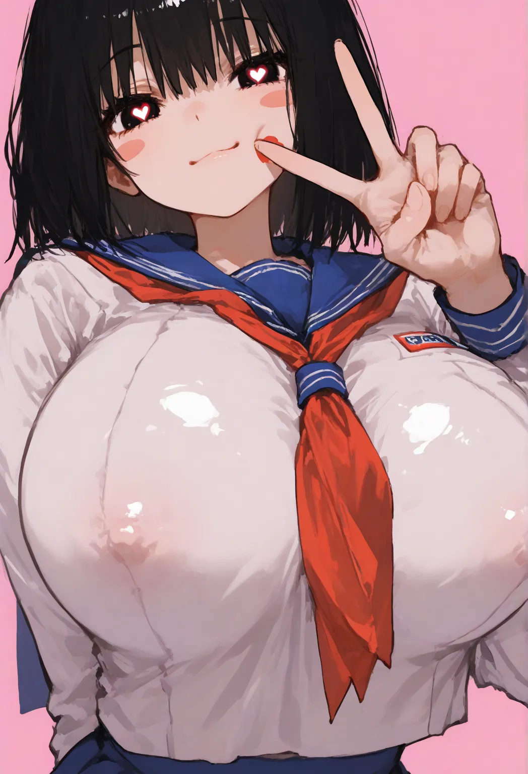 best quality, masterpiece,     748cm style , 1 girl, v sign、 viewer, closed mouth, upper body, smile,,   Cheek stickers、    raise your hand      ,   ( sailor suit    )、  Skirt、18 years old、masterpiece ,        black hair 、short hair、very big breasts、erect ...