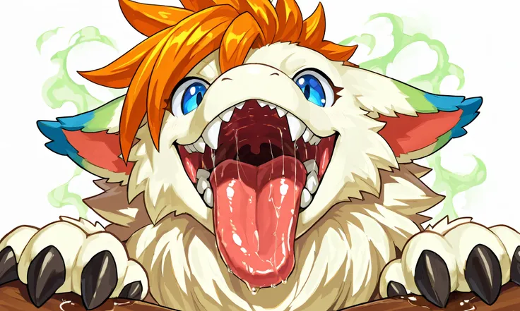 giant feral flammie_mana, solo, furred dragon, neck fur, orange hair, blue eye, large fangs, thick tongue, open big mouth, showing deep throat, inner of mouth, vore, mawshot, salvia trail, saliva puddle, smelly, looking at viewer, focused on deep throat, P...