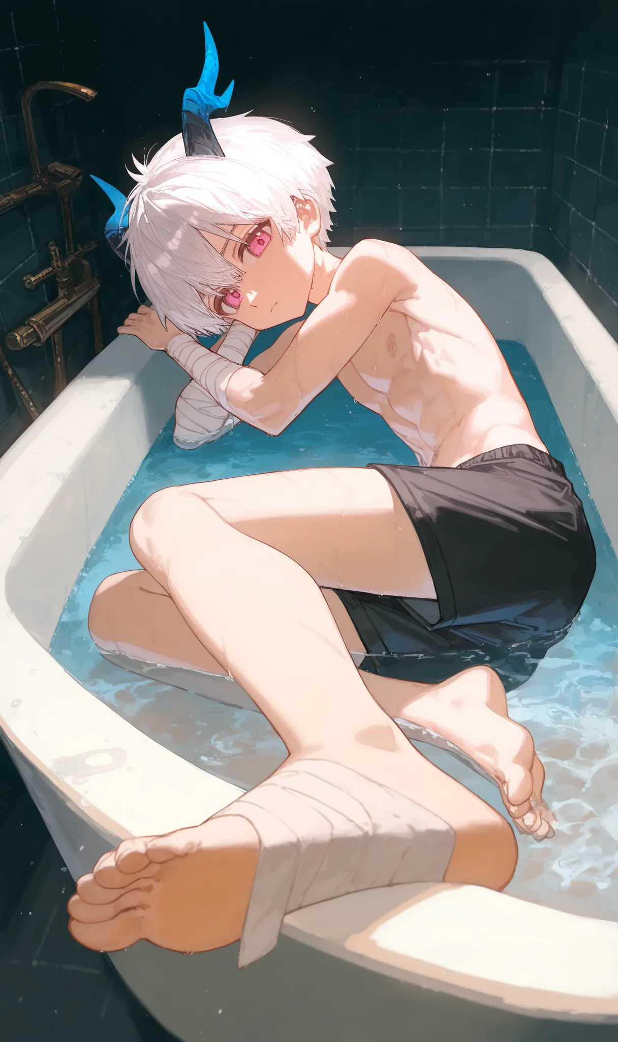 1boy, , , (ciloranko:0.9), lack,foreshortening, white hair,closed mouth,  pink eyes,solo , cinematic, masterpiece, best quality, good quality, newest, highres, absurdres,shota,no shoes,bandaged arm,no shirt, black shorts,wet,no socks, sitting,dragon horns ...