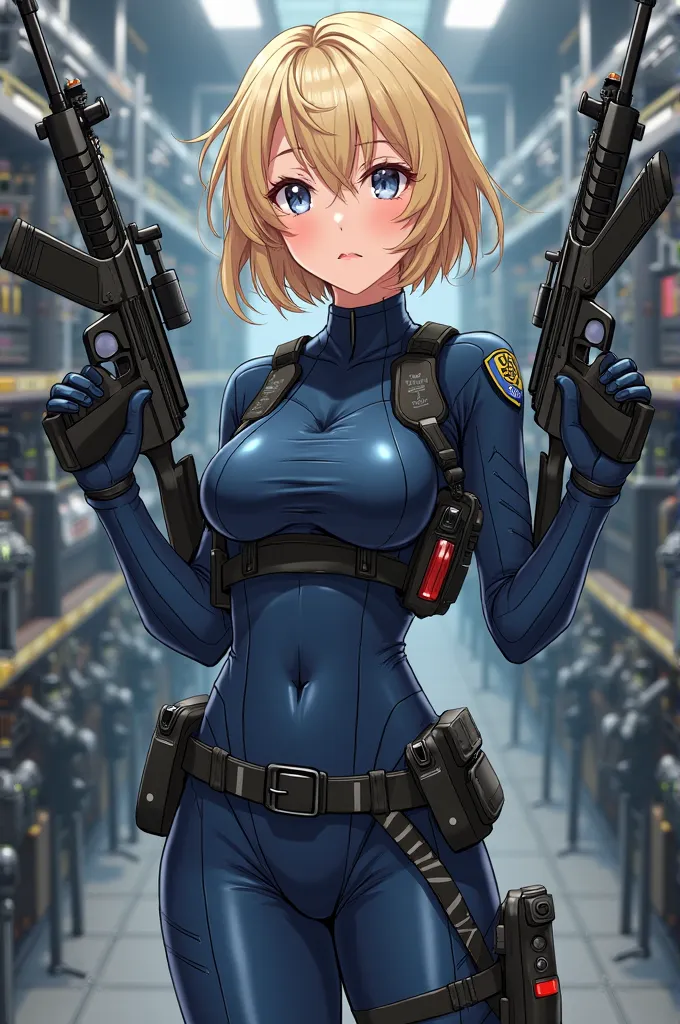 anime girl ,  short golden hair  ,pretty girl ,Holds 2 Rifles ,Blue Police Pattern Armor  ,Armoury