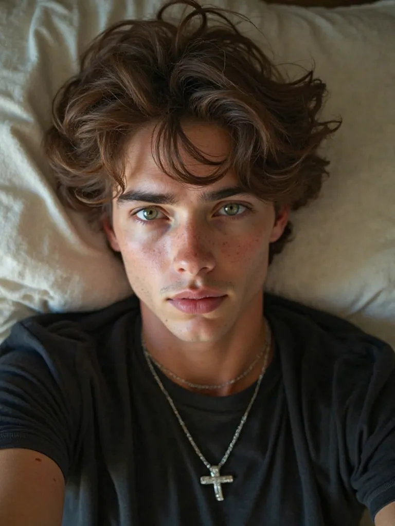 (photorealism:1.2) ultrarealism describes 
Young man dressed in brown hair 
Collocho hair, messy hair with messy light skin color, green eyes with not so marked freckles, looking at the spectator, 
Taking a selfie
 lying in bed wearing a black t-shirt and ...