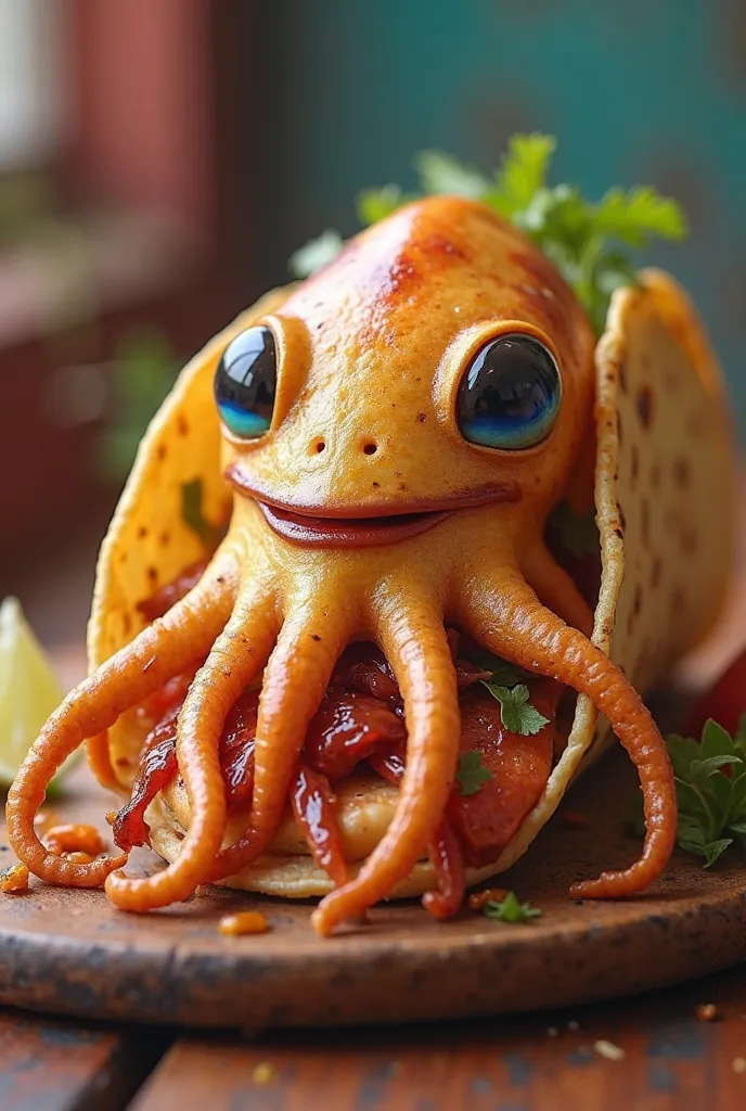 A taco with the face of a handsome squid