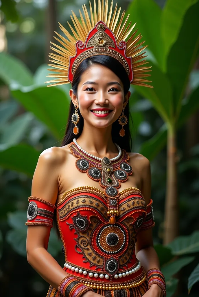 (photorealism:1.2), beautiful woman, wearing malaysia sarawak traditioanal costume , hari Gawai ,wearing Hari GAWAI COSTUME DACING, celebrating , whole body picture, sexy